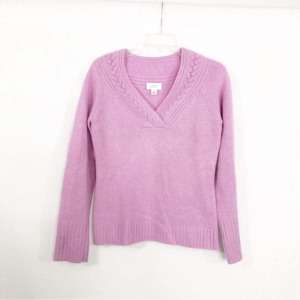 LOFT Lambswool Rabbit Hair V-Neck Sweater, Size Small, Pink